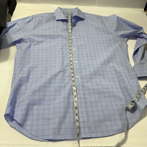 Esquire Shirt Mens 17 Sz Lg Blue Slim Fit Non-Iron Long Sleeve Plaid Dress Shirt - Picture 4 of 6